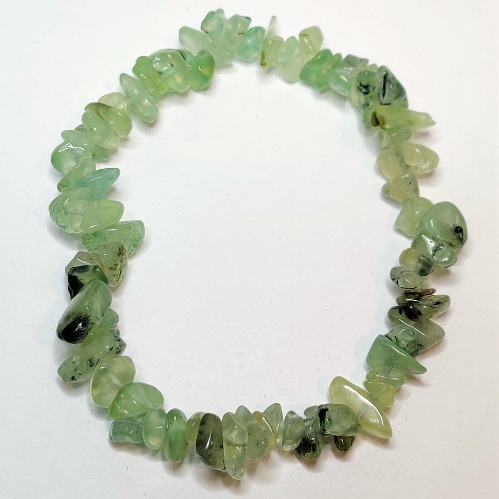 Prehnite w/ Rutile Stretch Bracelet 5-8mm chip natural stone w/ felt pouch-CB02